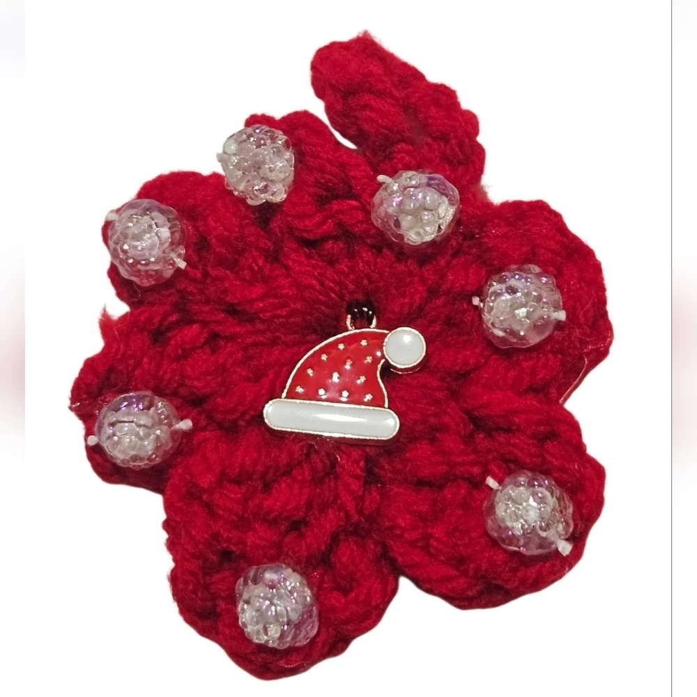 Hand Crafted Upcycled Chritsmas Ornaments Hand Crochet red beaded floral pattern